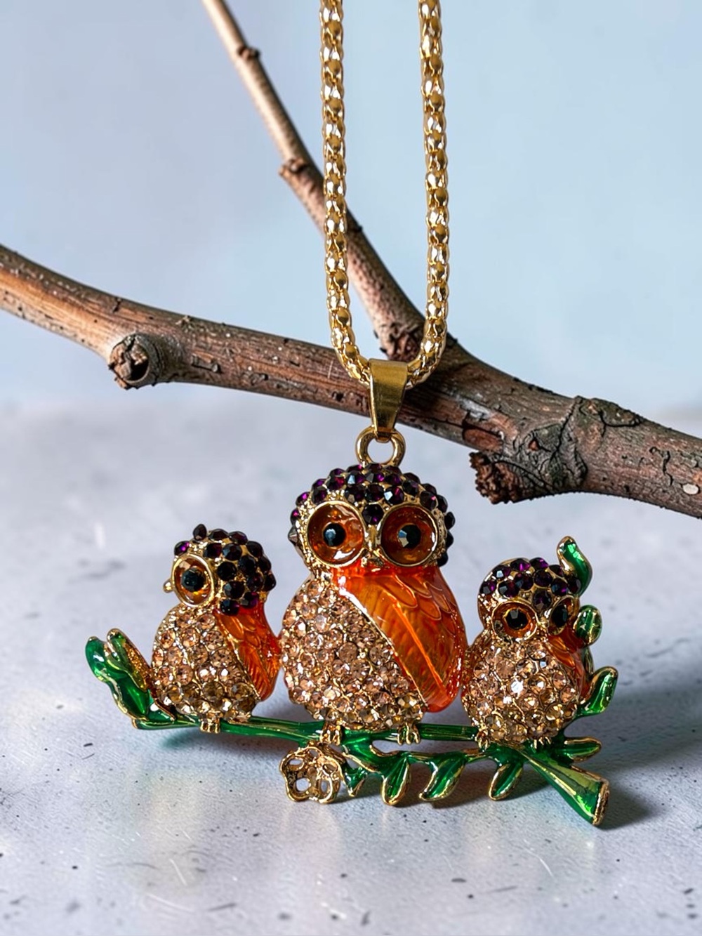 Betsey Johnson Owl Family Rhinestone Enamel Pendant Necklace NWT